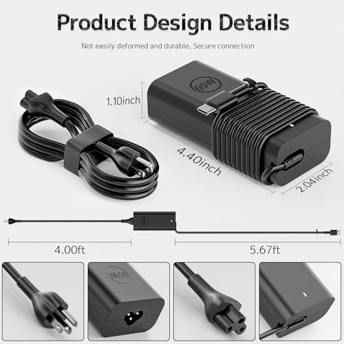 65W 45W Watt Slim USB Type C Laptop Charger Replacement for Dell Computer | Inspiron 14 7425 16 7620 Latitude 5420 5430 5450 5440 5520 5550 7320 XPS 13 7390 2-in-1 Chromebook 3100 3400 Power Adapter