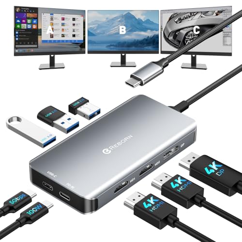 Reborn USB-C Docking Station Dual Monitor Adapter, Laptop Docking Station 3 Monitors Triple Display USBC Hub Dongle to 4K60Hz HDMI+DP,3 USB3.0,100W PD,USB C Data,8-in-1 Dock for Dell,HP,Lenovo,Surface - size: 11.8inch