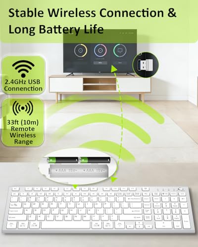 FENIFOX Wireless Silent Keyboard, Ultra Quiet USB C Low Profile Compact Full Size with Number Pad Flat Slim Thin Soft Touch for Mac Computer MacBook iMac PC Laptop Desktop Office (White and Silver) - color: White and Silver