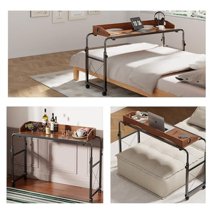 Overbed Table with Wheels, Adjustable Queen Size Bed Desk, Oaken | Fits Twin To King Beds, Adjustable Height & Length Rolling Over Bed Table For Hospital and Home, with 4 Locking Casters - color: Oaken