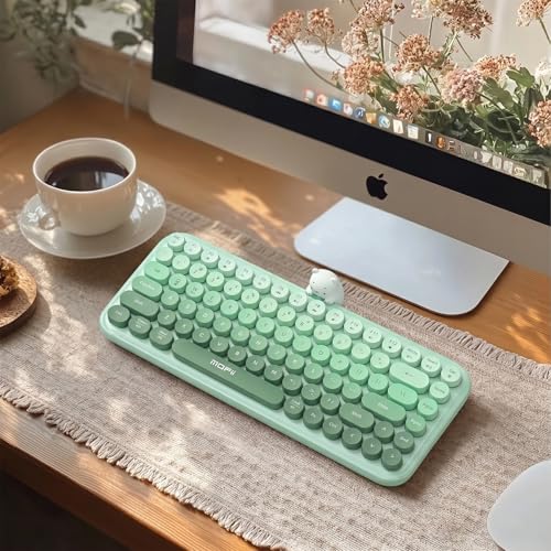 Colorful Wireless Keyboard with Magnetic Bear, Bluetooth/2.4G Dual Mode, Compact TKL Quiet Membrane Keyboard, Cute Gradient Retro Round Keycaps, Compatible with PC/Laptop/Tablet/Smartphone (Green) - color: Green