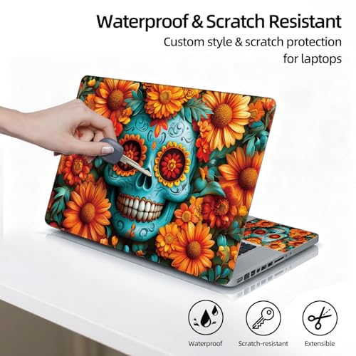Universal Laptop Skin Sticker Decal, 12"-15.6" Aesthetic Vinyl Wrap, Teal Sugar Skull Flowers Waterproof Notebook Cover Art Protector for MacBook HP Dell Lenovo, Fits 13" 14" 15" 15.6" - color: Teal Sugar Skull Flowers