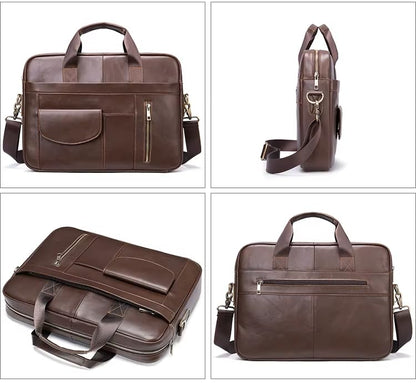 Genuine Leather Business Briefcase Laptop Handbag, Crossbody, Premium Quality, Spacious Design, Versatile Carrying Options - color: Brown