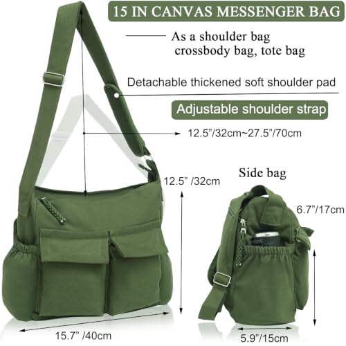 High Density Canvas Messenger Bag for Men/Women, 15” Large Crossbody Shoulder Bag Tote Bag for College/Travel/Work Daily Use | High Density Canvas - color: Green