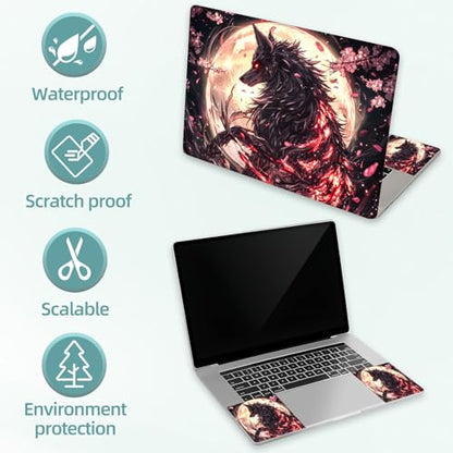 Universal Laptop Skin Decal, 3-Piece Vinyl Protector for 12 13 14 15.6" Notebook, Waterproof Anti-Scratch, Easy Trim & Bubble-Free Finish, Black Wolf with Glowing Red - color: Black Wolf with Glowing Red