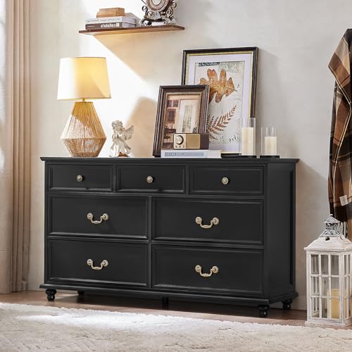 Joaxswe Farmhouse 7 Drawers Dresser for Bedroom, Black 54 Inch Wide Chest of Drawers w/ 4 Wooden Legs, Large Vintage Rustic Closet Dressers for Living Room, Wood TV Stand with Storage Organizer - color: Black, size: 16"D x 54"W x 32"H (7 Drawers)