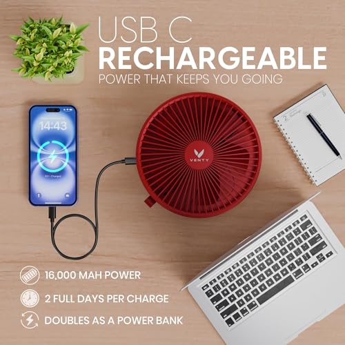 VENTY Portable Fan - Wireless Battery Operated Fan - 4 Speeds - LED Lighting - Carry Case & Remote Control - Cruise Travel - Outdoor Travel RV Power Bank With USB-C Port (Red with Case) - color: Red