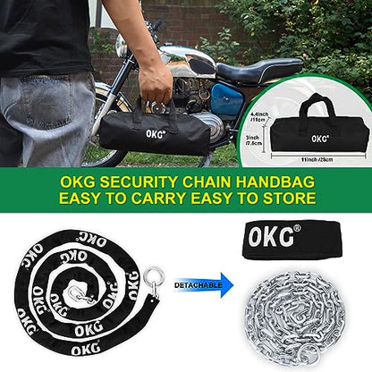 OKG Extra Long Security Chain - 10-Foot x 3/8" Thick Heavy Duty, Eco-Zinc Plated - Uncuttable for Outdoor & Indoor Use - Bike & Motorcycle Lock Chain - For Two+ 2-Wheeled Vehicles