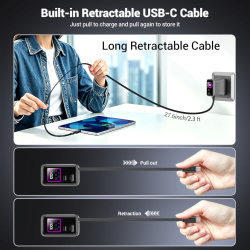 Compact 100W GaN Retractable USB C Wall Charger with Smart Display | Durable Built-in Retractable Cable, Foldable Plug, Compatible Laptop, MacBook, iPhone, Galaxy, Pixel, iPad(Non-Battery)