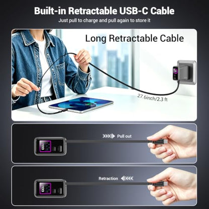 Compact 100W GaN Retractable USB C Wall Charger with Smart Display | Durable Built-in Retractable Cable, Foldable Plug, Compatible Laptop, MacBook, iPhone, Galaxy, Pixel, iPad(Non-Battery)