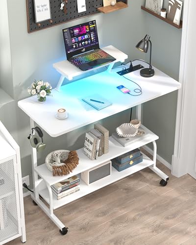 Height Adjustable Standing Desk with Power Outlets and LED Lights - 39" Manual Stand Up Desk with Monitor Stand and Storage Shelves Small Mobile Rolling Computer Desk Portable Laptop Table, White - color: White, size: 39''