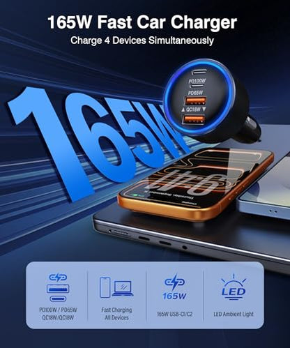 165W USB-C Car Charger, 4-in-1 Super Fast Charging Cigarette Lighter Adapter, Dual USB-C & USB-A Multi-Port Car Phone Charger Accessory, for iPhone 17/16/15, iPad, Galaxy, Tablets and Other Devices - size: 165W