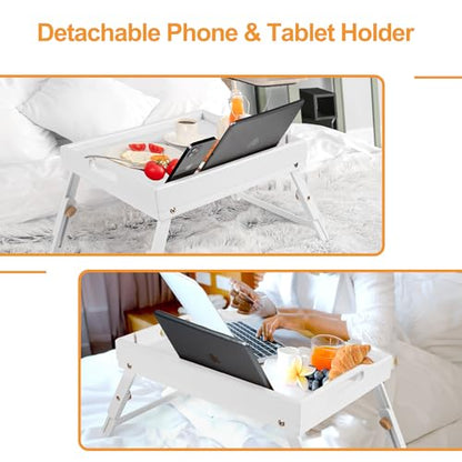 Greenual 2 Pack Bed Tray Table with Handles Folding Legs, Bamboo Breakfast Food Tray with Media Slot, Use As Platter, Laptop Desk, Snack, TV Tray Kitchen Serving Tray(White) - color: White
