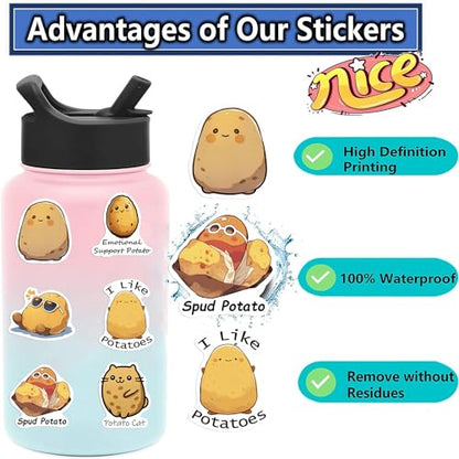 50 Pcs Funny Potato Stickers, Cute Kawaii Potato Character Decals, Waterproof Vinyl Sticker Pack for Laptop, Water Bottle, Journal for Kids & Adults(Potato) - color: Potato