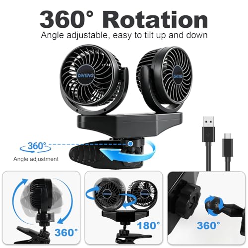 6000mAh Battery Powered Clip Car Fans, 3-Speed Dual Head Clip Car Cooling Fan for Backseat, Independent Switches, 360° Quiet Rotatable Rechargeable Fans with USB Plug for SUV Truck Golf Stroller
