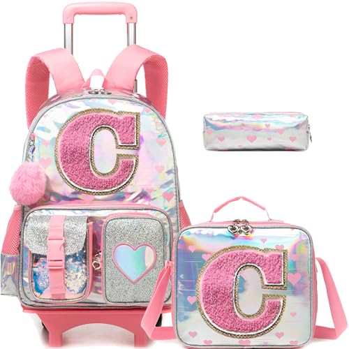 HTgroce Cute Rolling Backpack with Wheel,School Backpack for Kids Girl Roller Schoolbag Wheeled Backpacks Set Carry-on Luggage,Pink L - color: Pink, style: C