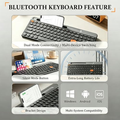 Bluetooth Keyboard Mouse Combo, Dual Multi-Device Wireless Keyboard with Phone Holder, Ultra-Compact 78-Key Layout, Quiet Keys & Rechargeable, for Windows PC Laptop (Black) - color: Black