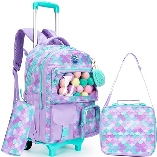 Meetbelify Mermaid Rolling Backpack for Kids - Cute Carry On with Wheels, Lunch Box & Pencil Case - Elementary Student to Teen Girls Luggage - Travel Suitcase - color: A Mermaid