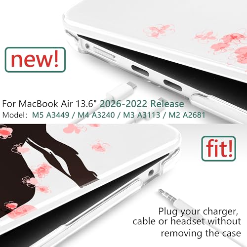 TWOLSKOO for MacBook Air 13 inch Case M5 2026 M4 2025 M3 M2 2024-2022 A3449 A3240 A3113 A2681, Plastic Hard Shell & Keyboard Cover & Screen Film for MacBook Air 13.6 inch Case, Cherry Blossoms - color: Cherry Blossoms