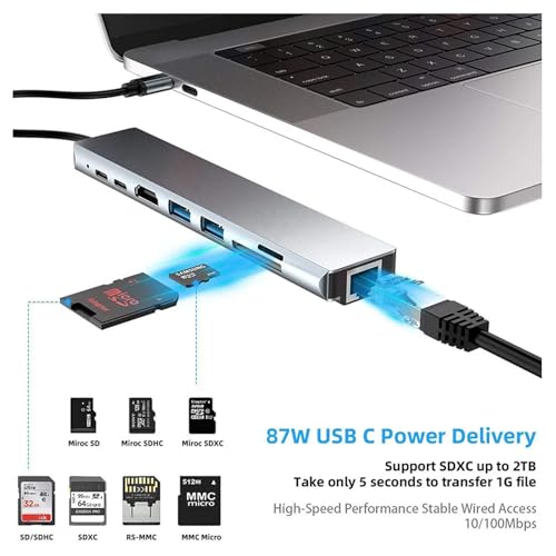USB C Hub Adapter Laptop Docking Station 8 in 1 USBC Dongle to 4K HDMI,Ethernet,2 USB,Type-C,SD TF Card Reader,PD 100W Compatible with iPhone16/MacBook/Dell and Other Type C Laptops Device