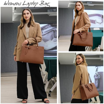 RAINSMORE Laptop Bag for Women 15.6 Inch PU Leather Laptop Tote Professional Business Office Work Bag Waterproof Briefcase Computer Tote Bag Large Lightweight Handbag Shoulder Bag - color: Dark Brown