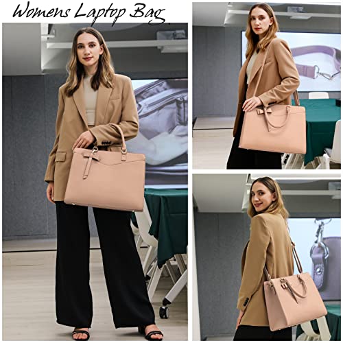 RAINSMORE Laptop Bag for Women 15.6 Inch PU Tote Bag Business Office Work Bag Waterproof Briefcase Computer Tote Lightweight Handbag Shoulder, Khaki - color: Khaki