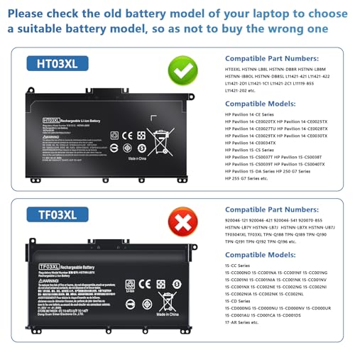 HT03XL Battery for HP L11119-855 Battery Replacement for HP Pavilion 14-CE 14-CF 14-DF 15-CS 15-DA 15-DB 15-DW 17-by 17-CA Series 14M-DH0003DX 14M-DH1003DX 15T-DA000 15T-CS200 LPD1071 15-DB0004DX - size: HT03XL for HP