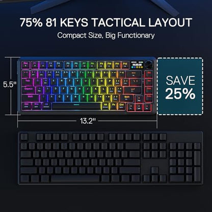 Redragon K724 PRO Wireless 81-Key Gasket Gaming Keyboard with Screen & Knob | Easy-Control LED Info Display, 0-Delay Tri-Mode, Cushioned 5-Layer Noise Dampening for Creamy Thocky Sound, Compact 80% Size - color: Black, size: 81 Keys + LCD Screen