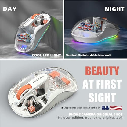 FMOUSE Transparent Wireless Mouse, 2 Cute 2026 Figurines, Tri-Mode, White | Rechargeable | USB-A & USB-C Receivers for Mac, iPad, Laptop | 2.4G & Dual Bluetooth | Silent Clicks | RGB | Portable - color: White