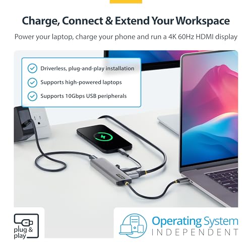 StarTech 5-in-1 USB-C Hub, USB-C to HDMI, 4K 60Hz, 140W PD, MacBook Dell HP | 140W Power Delivery charging, Plug-and-play deployment, AI-ready laptops, Thinkpad, Compact, Hybrid teams, Fewer dongles - style: 140W