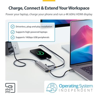 StarTech 5-in-1 USB-C Hub, USB-C to HDMI, 4K 60Hz, 140W PD, MacBook Dell HP | 140W Power Delivery charging, Plug-and-play deployment, AI-ready laptops, Thinkpad, Compact, Hybrid teams, Fewer dongles - style: 140W