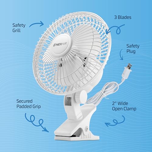 NEXAIR 6-Inch Clip on Fan, 360 Degree Rotation, Two Speed Portable Clip Fan With Strong Clamp Grip, Quiet Operating Desk Fan Plug-in AC Made Of Durable Material, Great For Bedroom, Office, Living Room