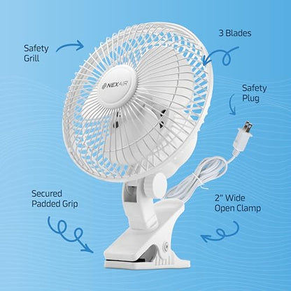 NEXAIR 6-Inch Clip on Fan, 360 Degree Rotation, Two Speed Portable Clip Fan With Strong Clamp Grip, Quiet Operating Desk Fan Plug-in AC Made Of Durable Material, Great For Bedroom, Office, Living Room