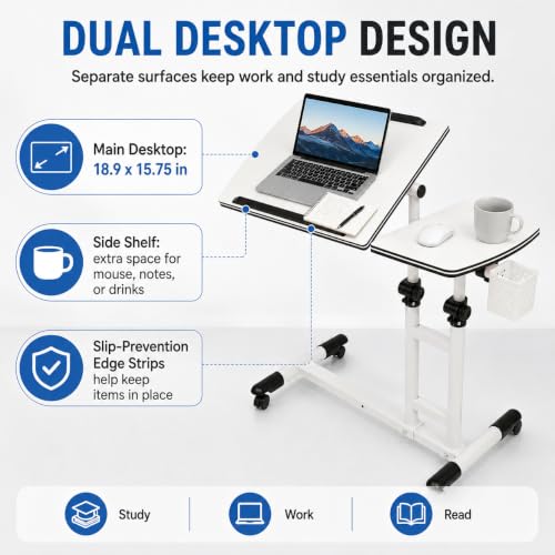 Mobile Standing Desk Adjustable Height, Rolling Laptop Desk with Tilting Desktop, Portable Overbed Table on Wheels, Small Computer Writing Desk for Home Office, Bedside, Sofa, Side Table, White
