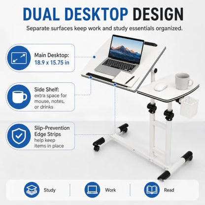 Mobile Standing Desk Adjustable Height, Rolling Laptop Desk with Tilting Desktop, Portable Overbed Table on Wheels, Small Computer Writing Desk for Home Office, Bedside, Sofa, Side Table, White