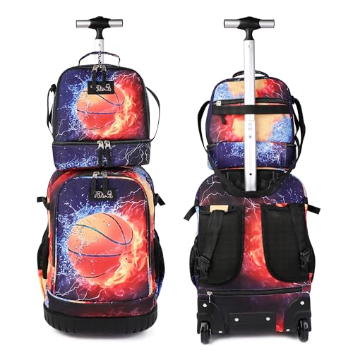 Tilami Rolling Backpack 19 inch with Lunchbox Wheeled Laptop Backpack, Basketball - color: Basketball Black