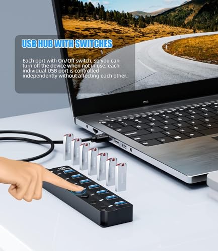 Eanetf 7-Port USB 3.0 Hub On/Off Switches 5Gbps for Laptop | 7-port USB 3.0 hub, Individual on/off switches with LEDs, 5Gbps high-speed data, 4ft cable, For laptop/PC/MacBook/PS5/HDD,