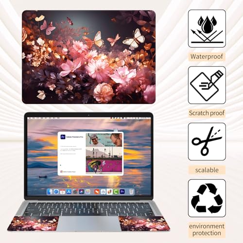 Laptop Skin Sticker 3-Piece Set,Flowers Butterflys | Trim-to-fit 3-piece vinyl set with one 15 x 10.6 in lid skin and two palm-rest decals for many 12-15.6 in laptops - color: Flowers Butterflys
