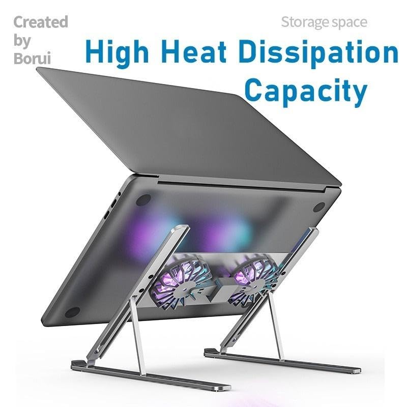 Adjustable Laptop Cooling Pad with Dual RGB LED Fans, Silver Aluminum Stand, USB Powered, Height Adjustable Ergonomic Design