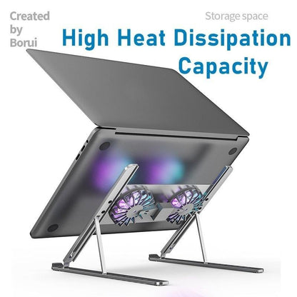 Adjustable Laptop Cooling Pad with Dual RGB LED Fans, Silver Aluminum Stand, USB Powered, Height Adjustable Ergonomic Design