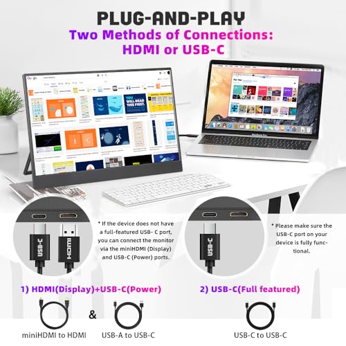 Portable Monitor 15.6 inch FHD 1080P USB-C HDMI Ultra-Slim Travel Computer Monitor with Kickstand Speakers for Laptop PC Mac Phone, VESA Mountable (15.6" 1080P Touch)