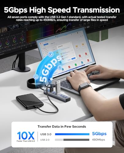 ORICO 7-Port USB 3.0 Hub, Aluminum USB Multiple Adapter, 5Gbps USB Extender USB Splitter with 6Ft Cable, UBS-A Hub Long Cable for Desktop, PC, Flash Drive, Mobile HDD, Windows/XPS - size: 6.0Ft