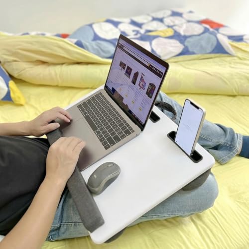 Lap Desk Home Office Lap Desk Portable Laptop Desk for Left Right - Handers with Whole Mouse Pad Wrist Pad Dual Cushion Phone Tablet Slots Fits Up to 17 Inch Laptops - color: White