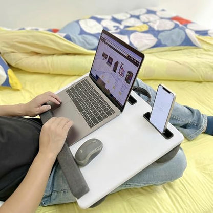 Lap Desk Home Office Lap Desk Portable Laptop Desk for Left Right - Handers with Whole Mouse Pad Wrist Pad Dual Cushion Phone Tablet Slots Fits Up to 17 Inch Laptops - color: White