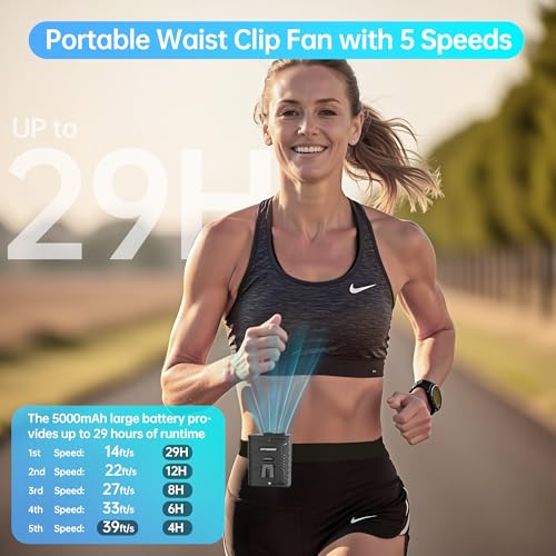 Waist Fan, 5000mAh Rechargeable Belt Clip Fan, 39ft/s Strong Airflow, 5 Speeds, Up to 29H Runtime, Wearable Hands-Free Cooling with LED SOS Light for Outdoor Camping Hiking - color: Black