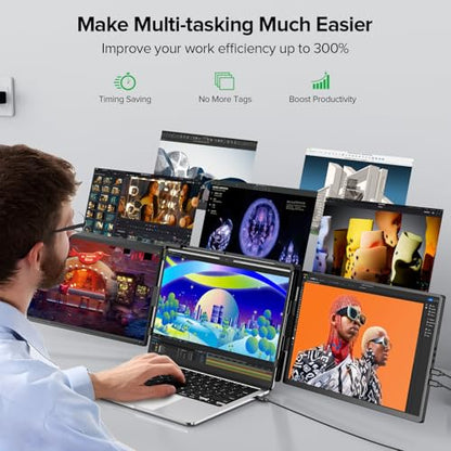 UPERFECT Laptop Screen Extender, 2K 14" 360° Patented Unique Swivel Hinge | Triple Monitor, 2240x1400 QHD IPS Portable Dual Monitor for 14"-17'' Laptops, Plug & Play, USB-C & MINI HDMI - size: 14"