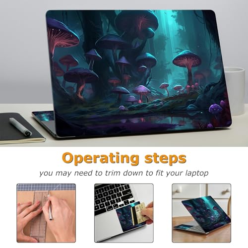 Universal Laptop Skin Sticker with 2 Wrist Pad Decals, 3-Piece Removable Vinyl Laptop Cover, Dreamy Purple and Blue Mushroom Waterproof Anti-Scratch, Easy-Trim Fit for 13.3" 14" 15.6" Laptops - color: Dreamy Purple and Blue Mushroom