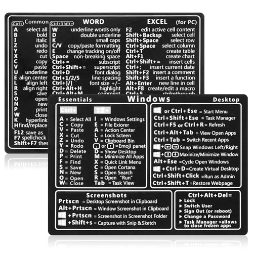 2 Pcs Laptop Shortcuts Stickers, Word/Excel Quick Reference Guide Keyboard Shortcut Stickers Notebook PVC Keyboard Shortcuts Lable Stickers for Any PC Laptop or Desktop(Black) - color: Black