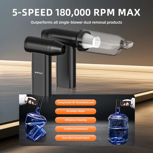 Electric Compressed Air Duster Vacuum Cleaner LED Light 180000 RPM | 5-Speed Handheld Mini Blower Storage Bag PC Cleaning Kit USB-C Rechargeable for Keyboard Home Outdoor Car BBQ Grill