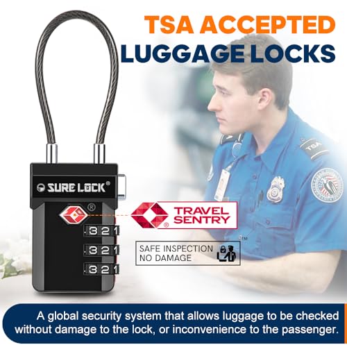 SURE LOCK TSA Approved Luggage Locks with Open Alert Indicator, 3 Digit Combination Cable Travel Lock for Suitcase, Backpack, Gym Locker, Toolbox, Carry On & Travel Bag - color: BLACK 4 PACK